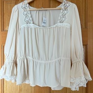 LOFT Romantic Floral Lace Trim Ivory Peplum Blouse Sz L